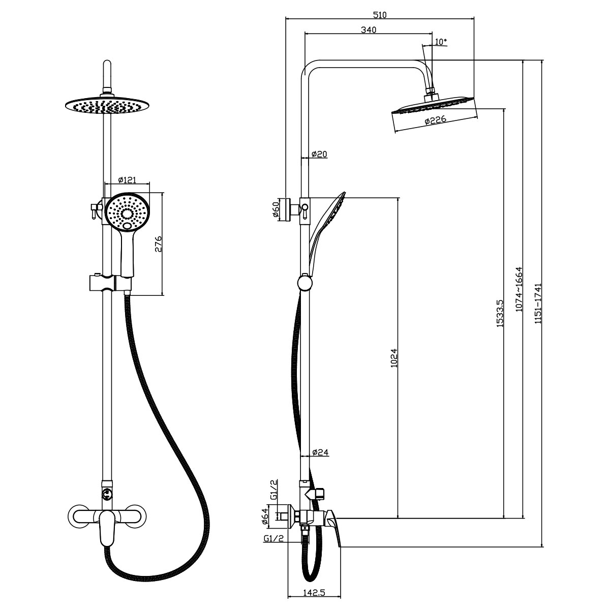Смеситель Rossinka RS45-45 для душа с регулируемой высотой штанги и лейкой "Тропический дождь", хром
