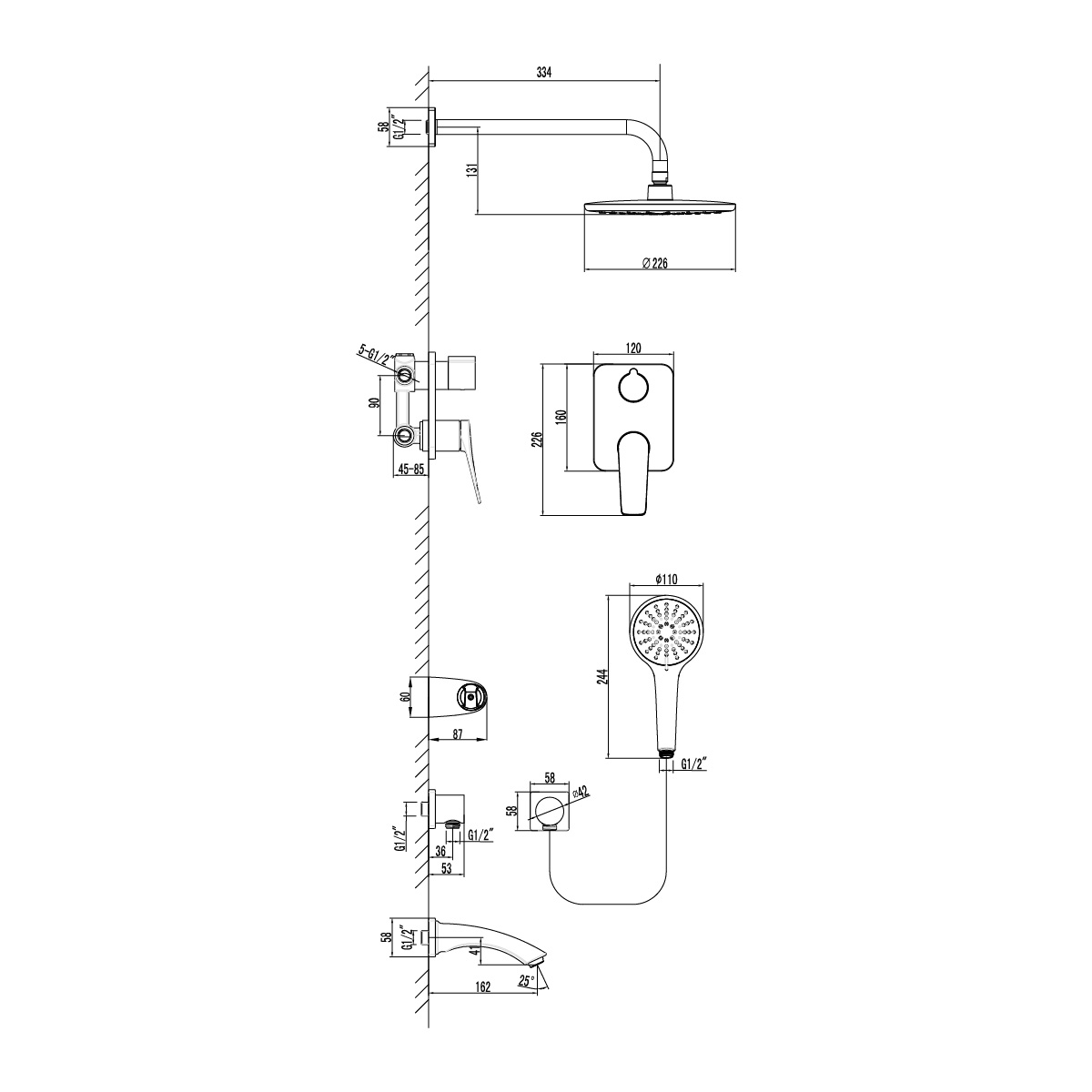 Смеситель Lemark Bronx LM3722BL для ванны и душа, встраиваемый, черный