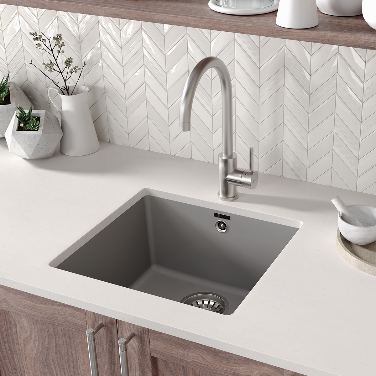 Мойка кухонная Lemark SINARA 440-U подстольного монтажа из кварцгранита, серый шёлк