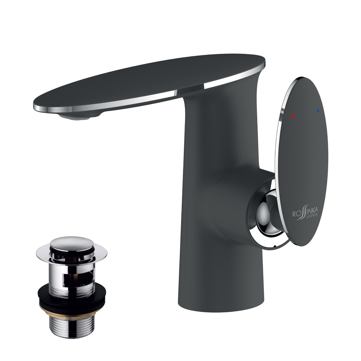 Смеситель Rossinka RS30-11B для роаковины, монолитный с донным клапаном клик-клак, хром/черный