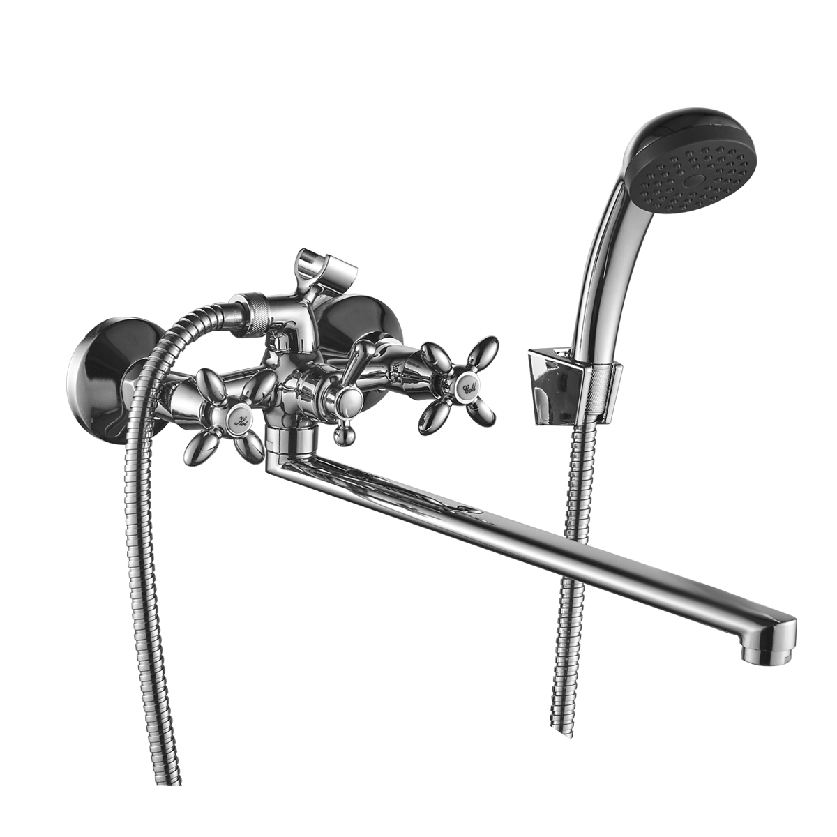 Смеситель DECOROOM DR53043 двуручный для ванны универсальный с поворотным изливом 300 мм, хром