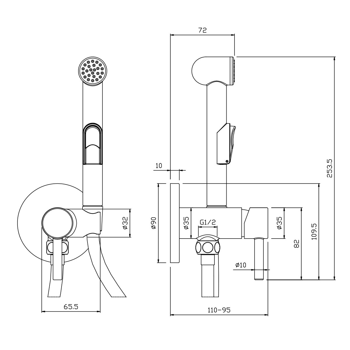 Смеситель Rossinka X25-51 с гигиеническим душем встраиваемый, хром