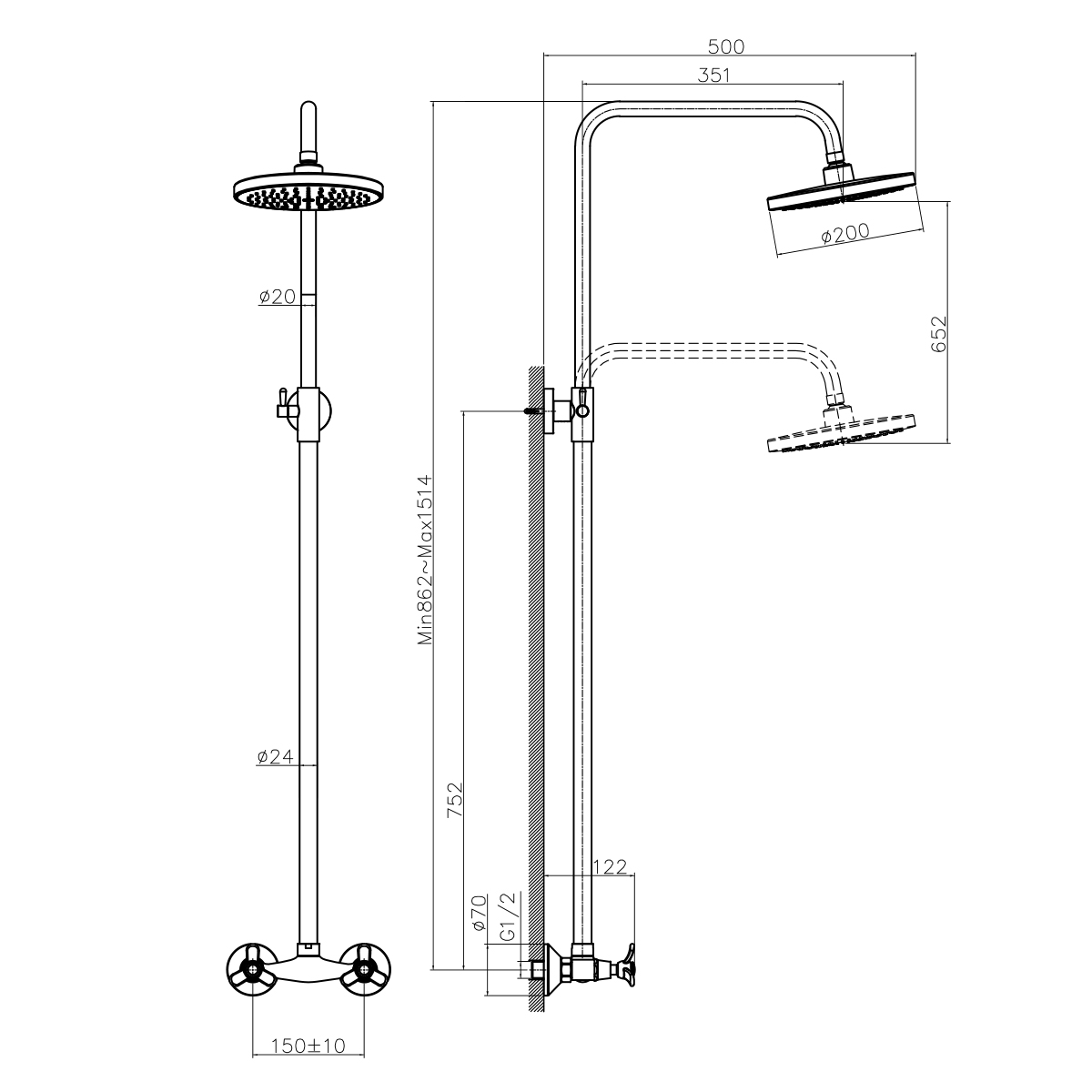 Смеситель Rossinka Q02-44 для душа с регулируемой высотой штанги и лейкой "Тропический дождь", хром