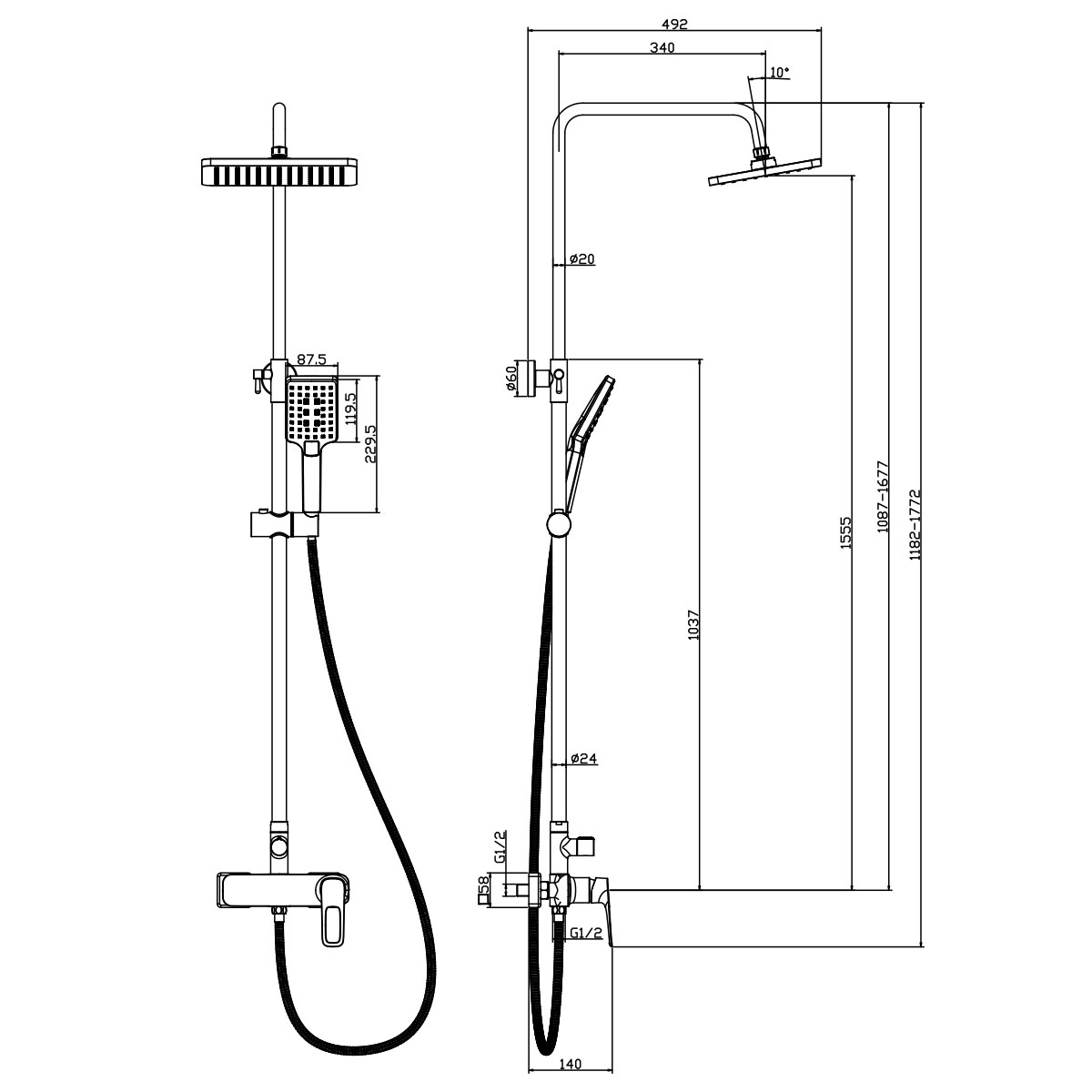 Смеситель Rossinka RS46-45 для душа с регулируемой высотой штанги и лейкой "Тропический дождь", хром