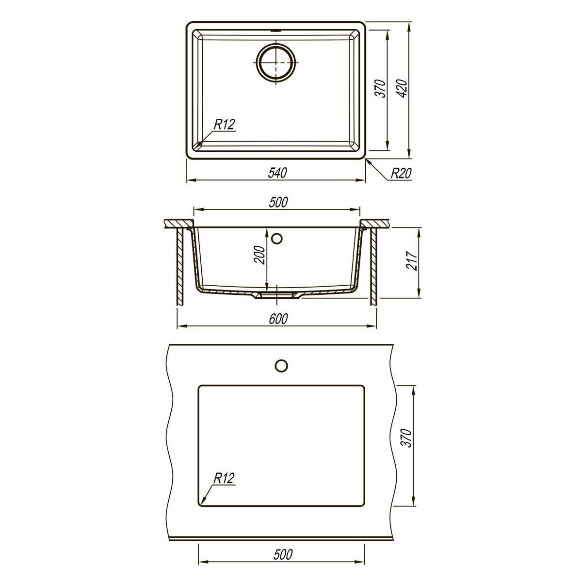 Мойка кухонная Lemark SINARA 540-U подстольного монтажа из кварцгранита, серый шёлк