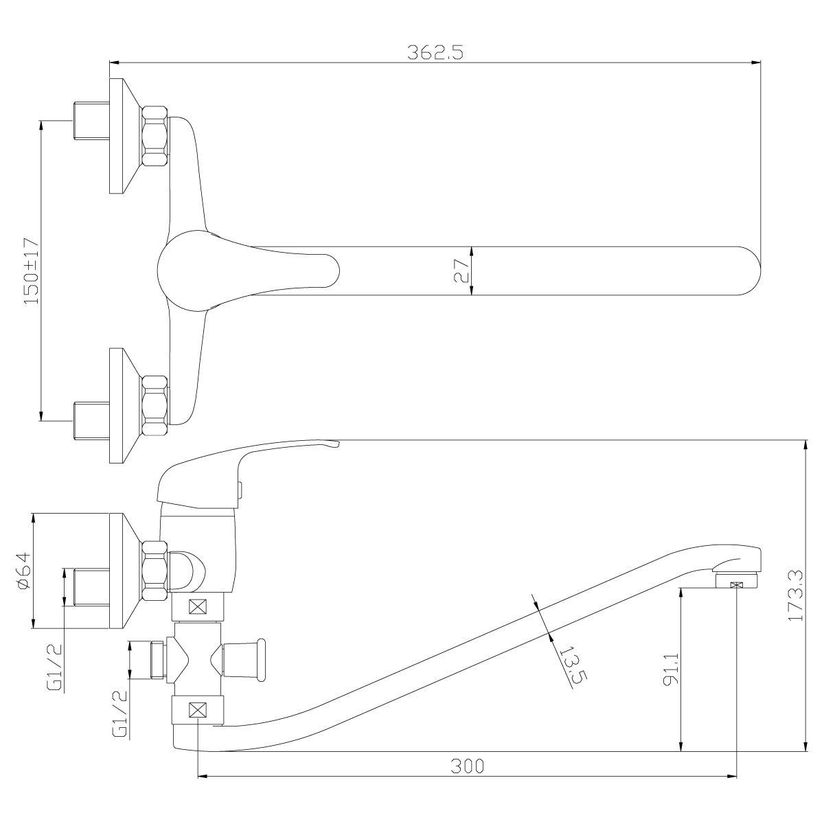 Смеситель Rossinka Y35-35 для ванны универсальный с S-образным изливом, хром