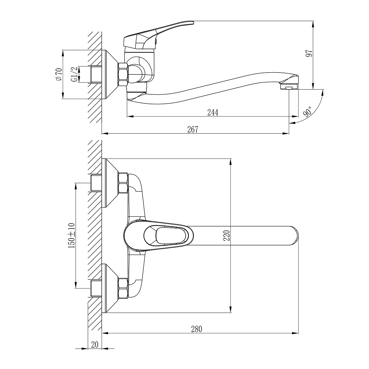 Смеситель Rossinka B35-24 для раковины с S-образным изливом, настенный, хром