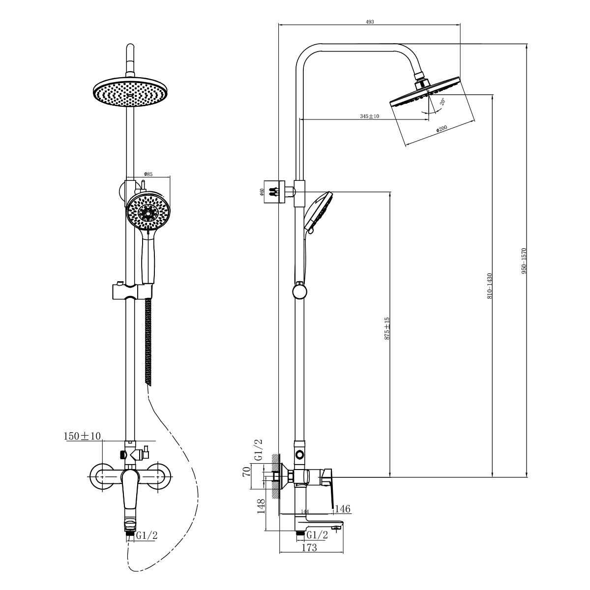 Смеситель Rossinka S35-46 для душа с регулируемой высотой штанги и лейкой "Тропический дождь", хром