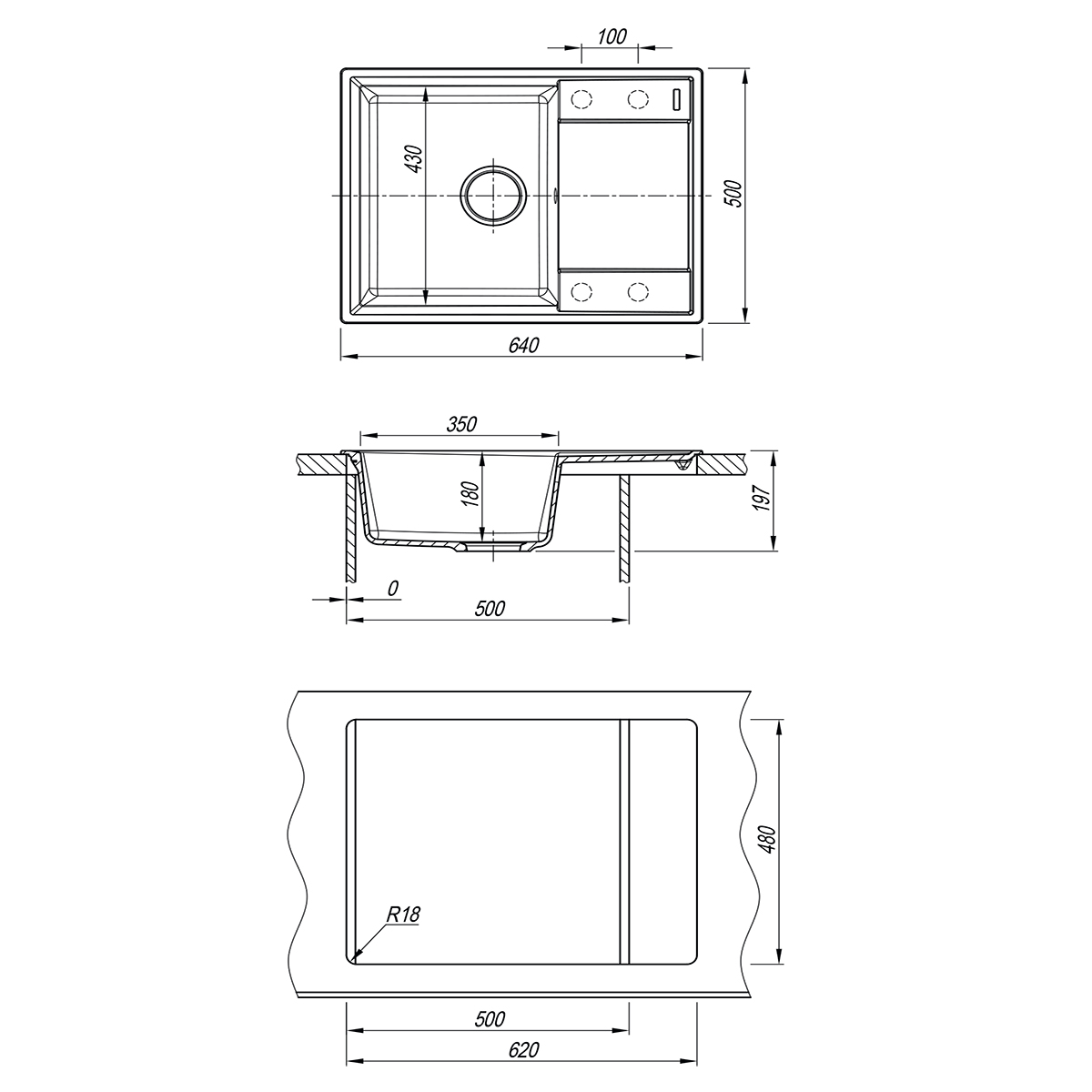 Мойка кухонная Lemark IMANDRA 640 врезная прямоугольная с крылом из кварцгранита, шампань 