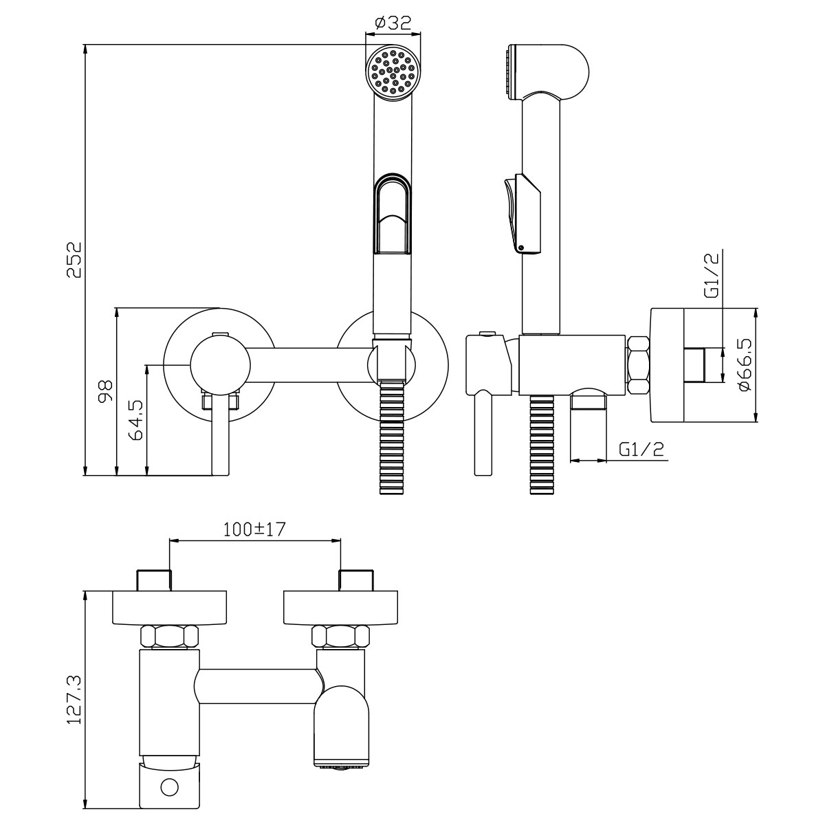 Смеситель Rossinka X25-52 с гигиеническим душем встраиваемый, хром