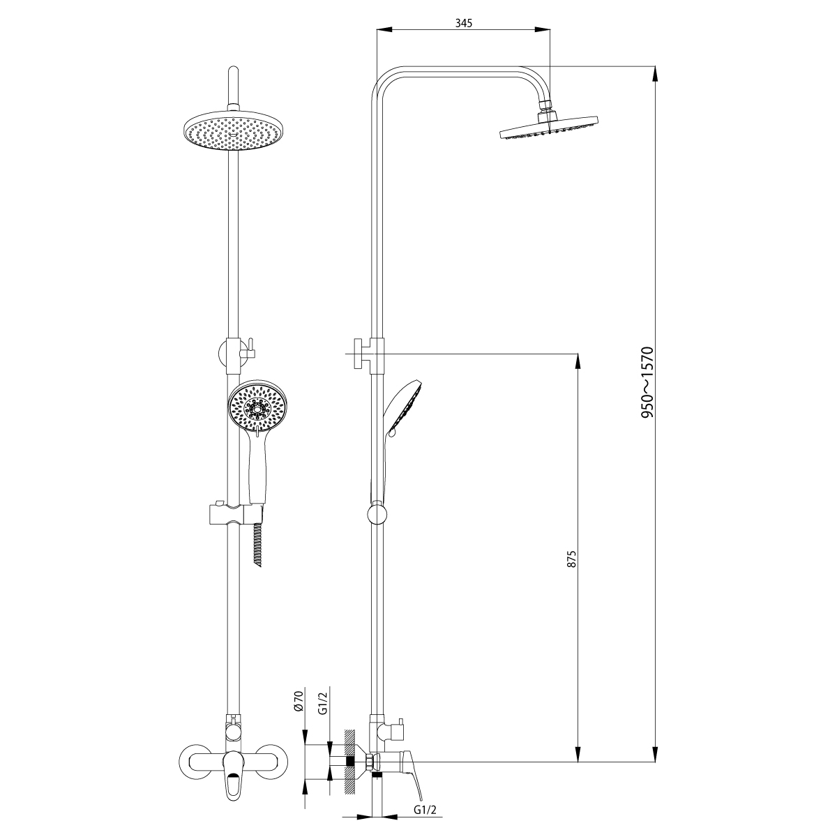 Смеситель Rossinka B35-45 для душа с регулируемой высотой штанги и лейкой "Тропический дождь", хром