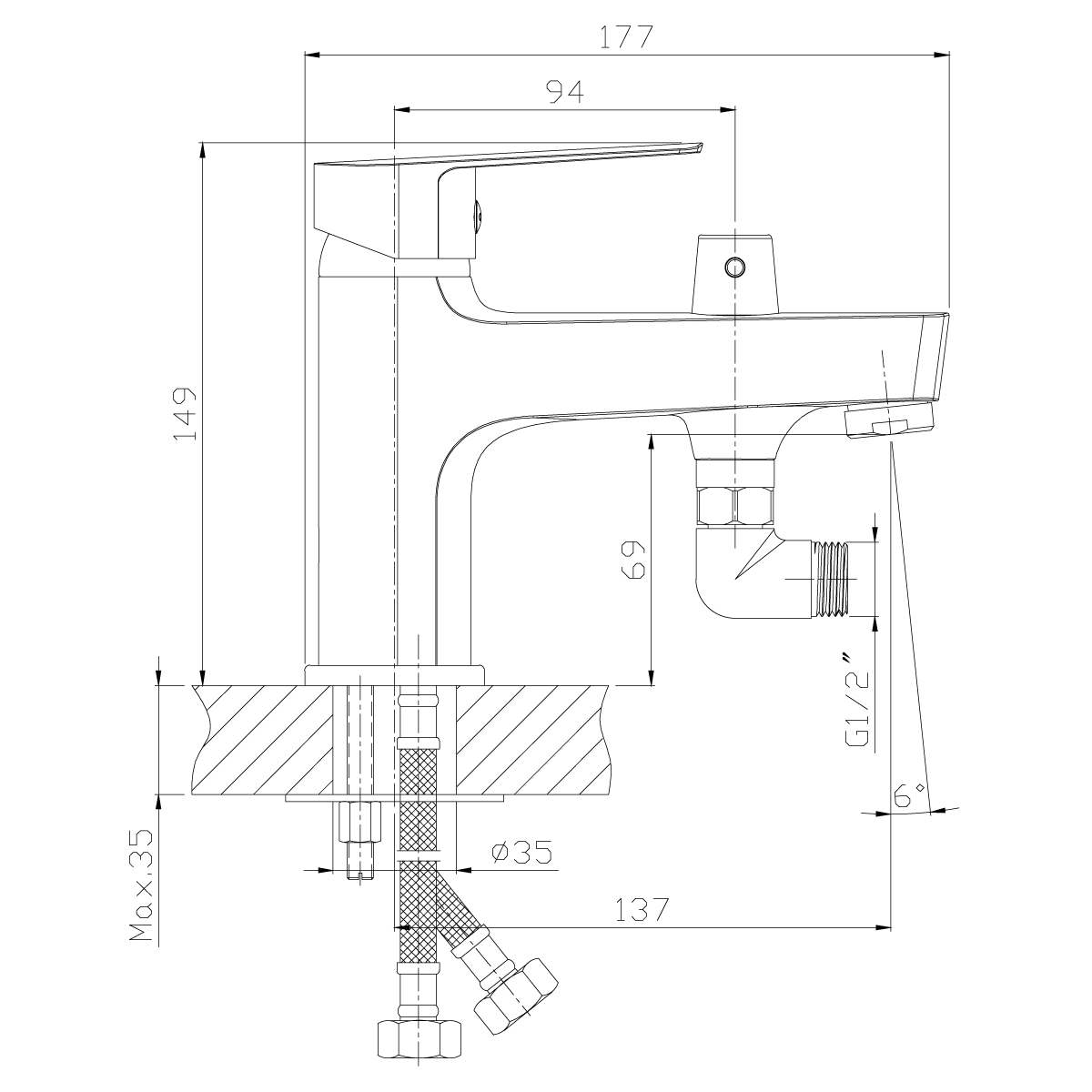 Смеситель Rossinka S35-38 на борт ванны на 1 отверстие, хром