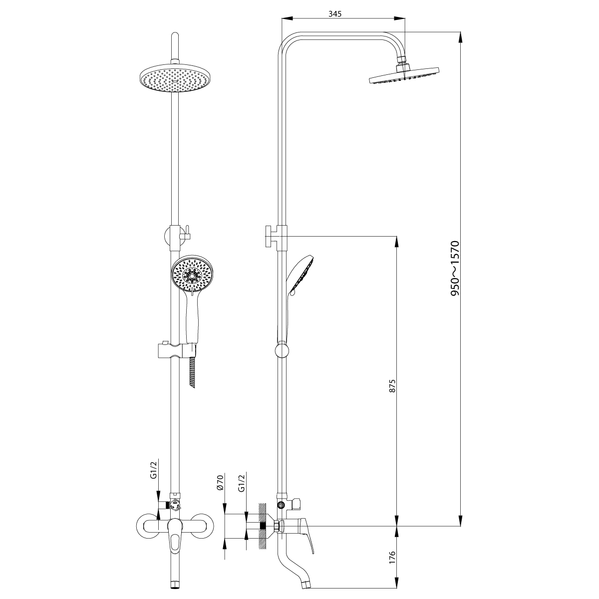Смеситель Rossinka B35-46 для душа с регулируемой высотой штанги и лейкой "Тропический дождь", хром