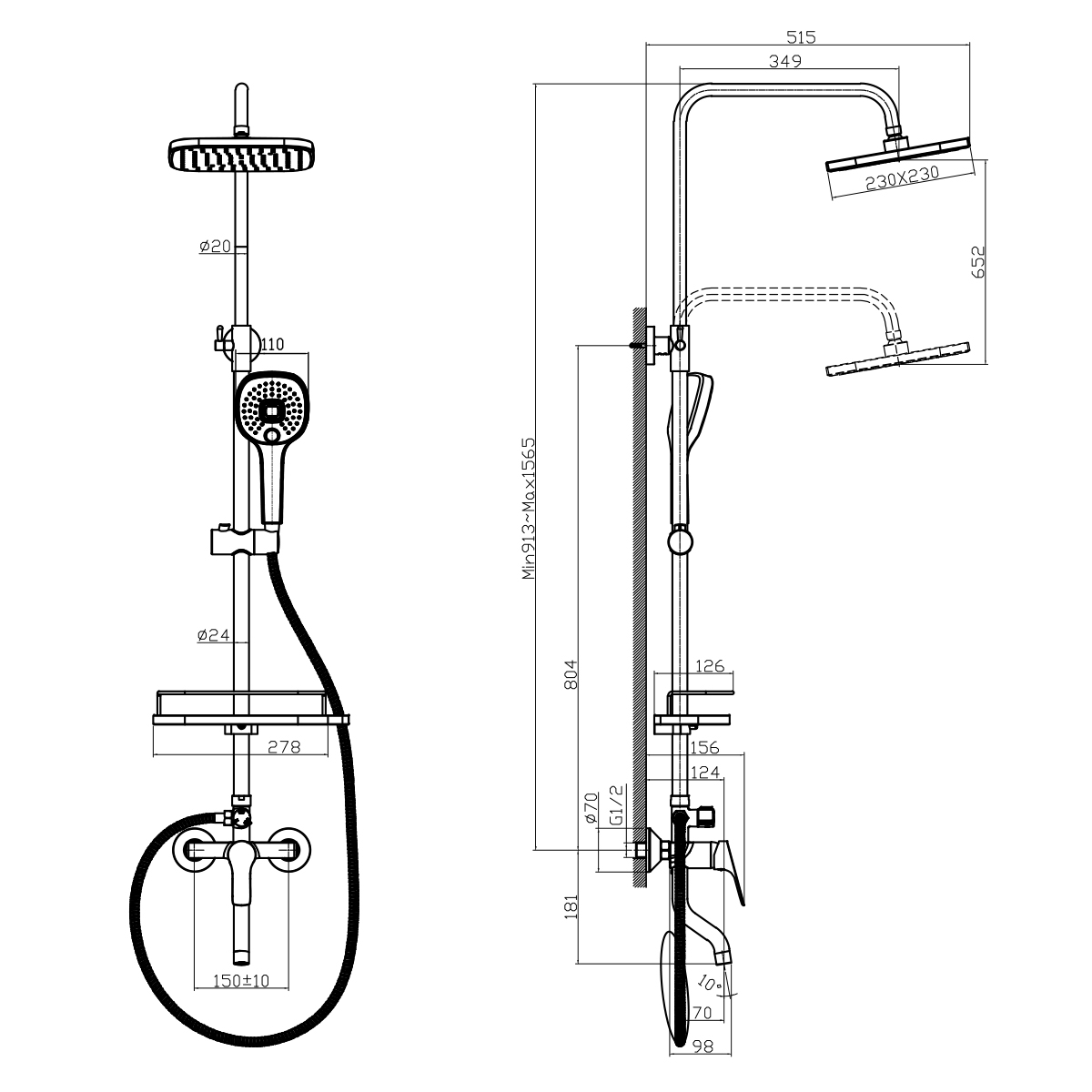 Смеситель Rossinka RS29-46 для душа с регулируемой высотой штанги и лейкой "Тропический дождь", хром