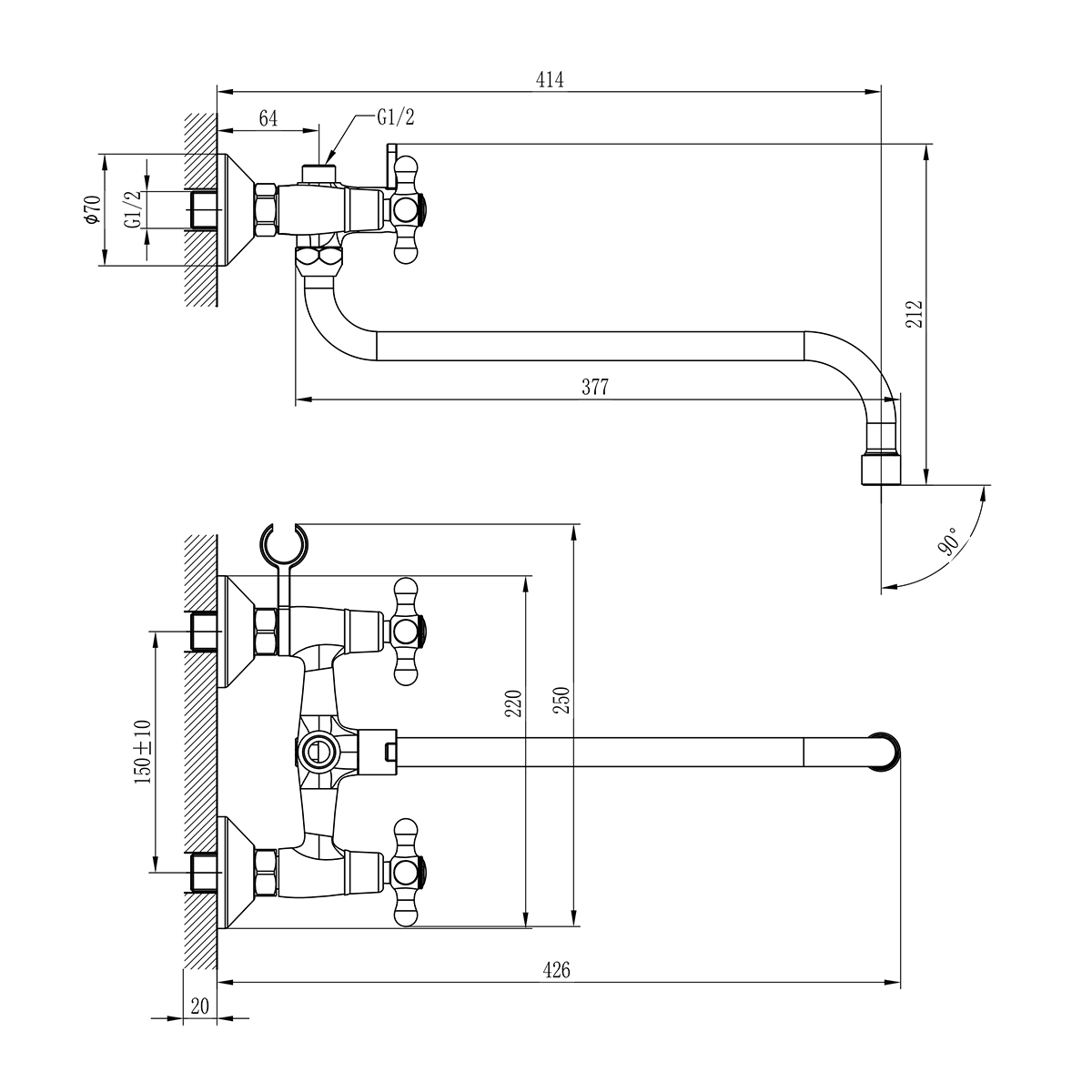 Смеситель Rossinka Н02-84 для ванны универсальный, хром