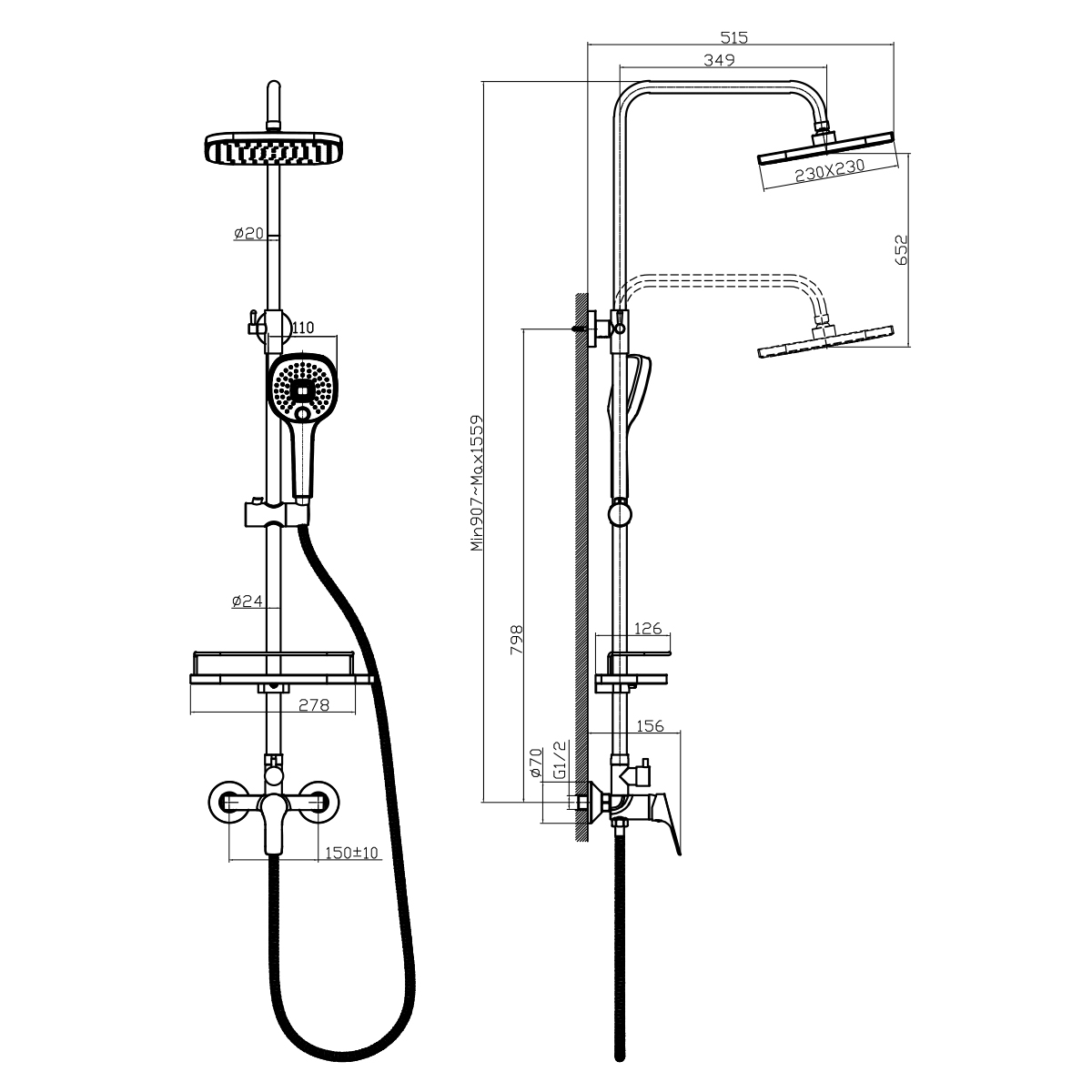 Смеситель Rossinka RS29-45 для душа с регулируемой высотой штанги и лейкой "Тропический дождь", хром