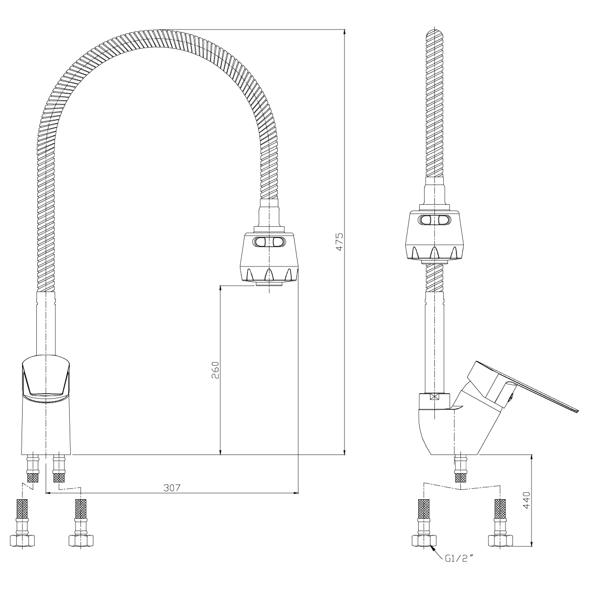 Смеситель Rossinka S35-26 для кухни с гибким изливом, хром