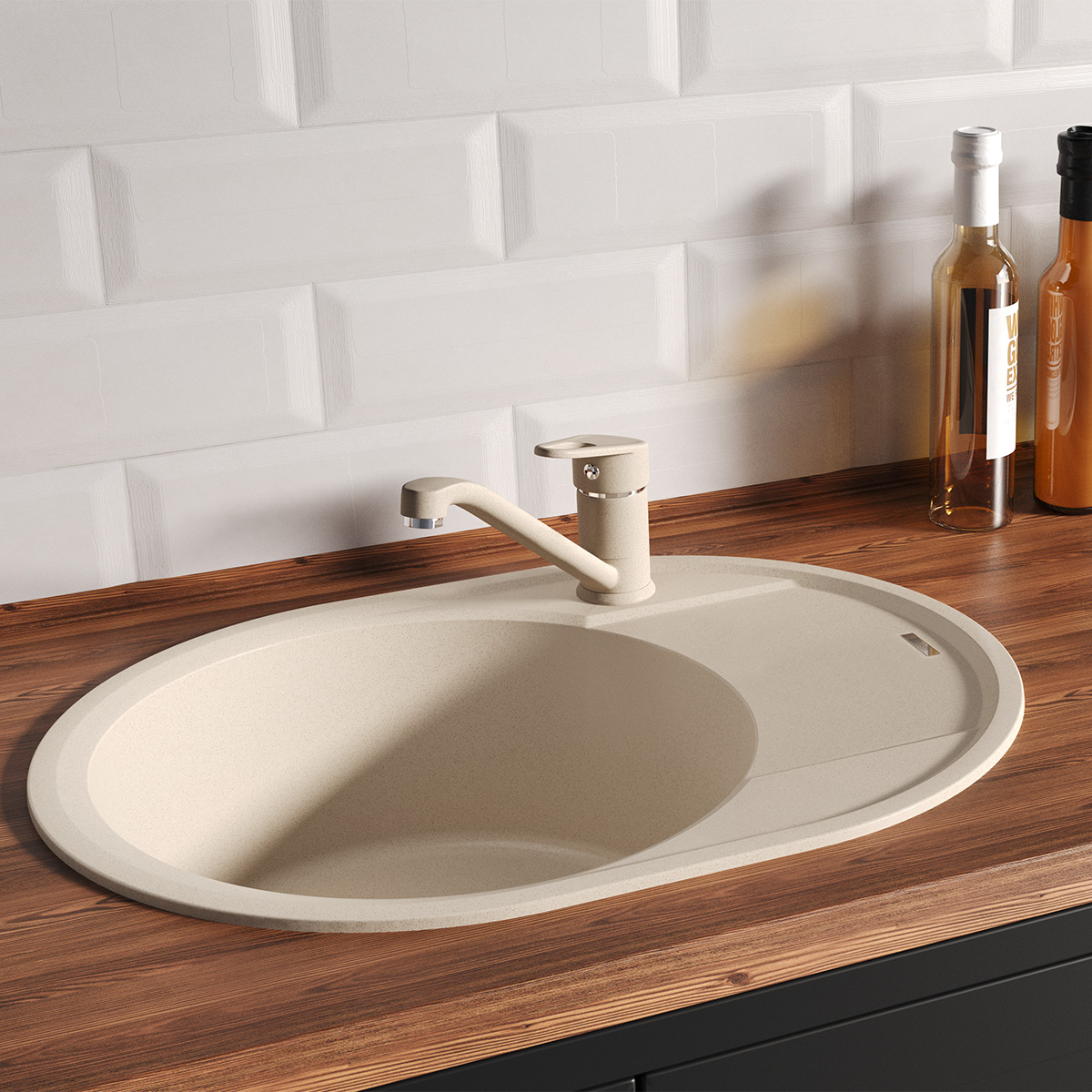 Мойка кухонная Lemark LACHA 620 врезная овальная с крылом из кварцгранита, жасмин