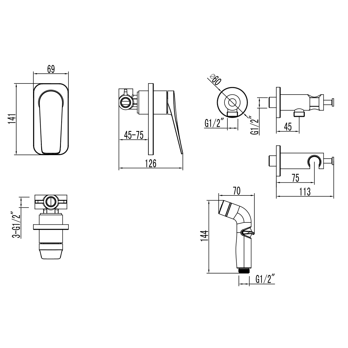 Смеситель Lemark Bronx LM3719BL с гигиеническим душем, встраиваемый, черный