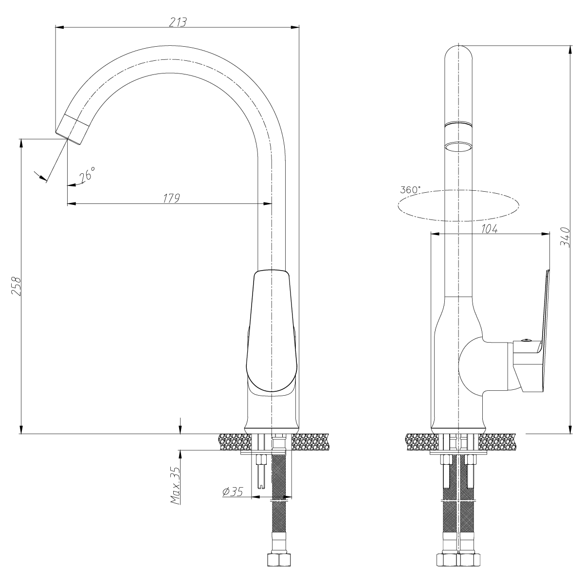 Смеситель Rossinka S35-24 для кухни, хром