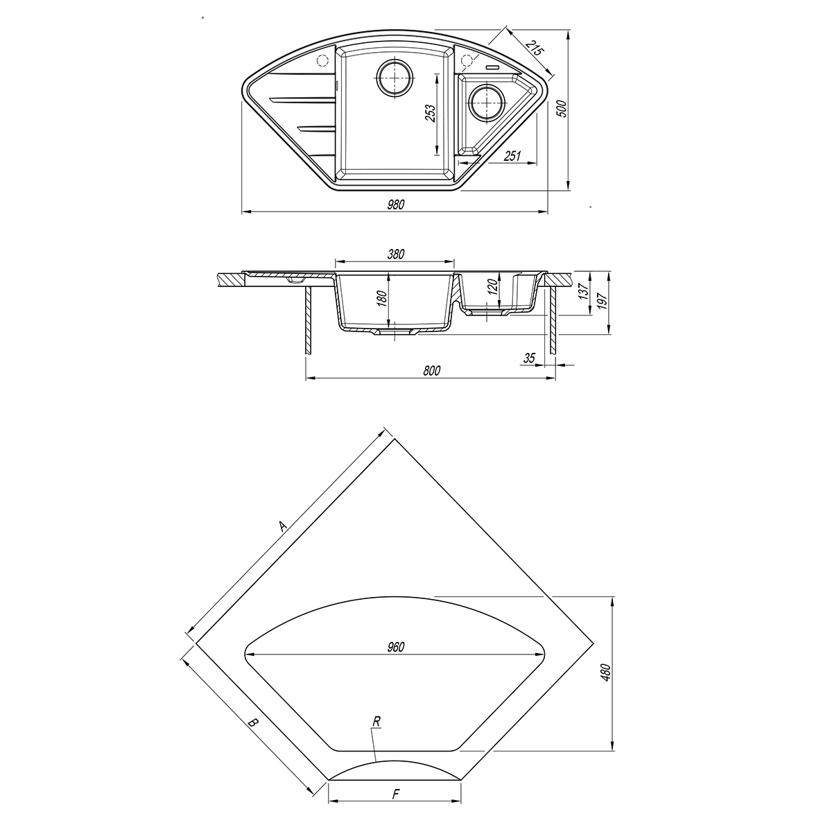 Мойка кухонная Lemark IRKANA 980 врезная угловая с доп. чашей и крылом из кварцгранита, шампань 