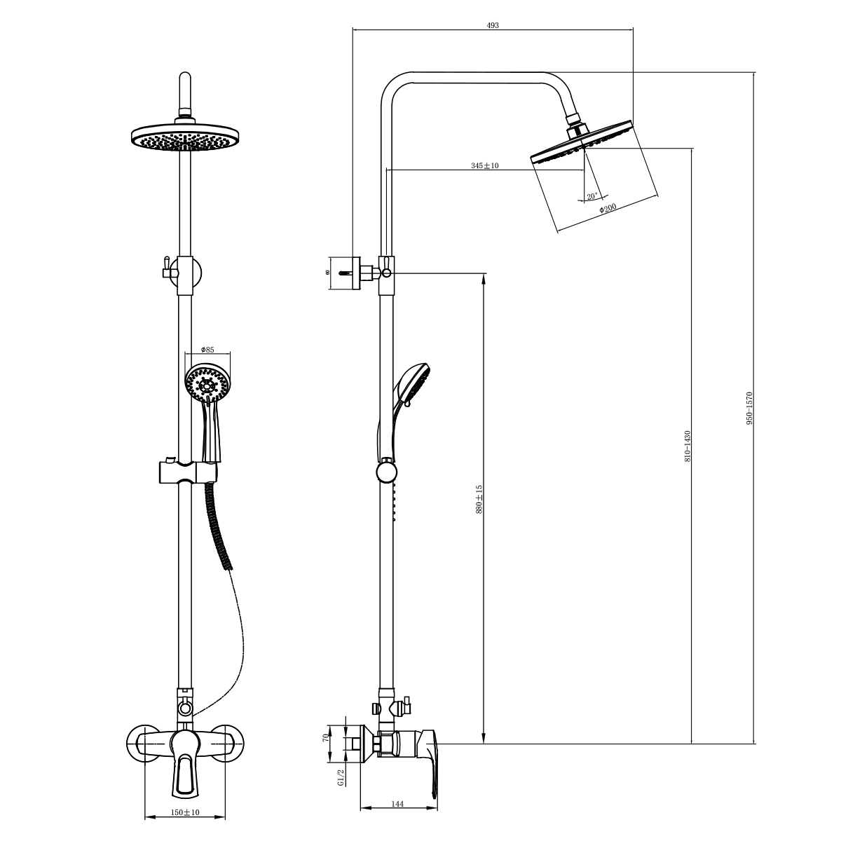 Смеситель Rossinka T40-45 для душа с регулируемой высотой штанги и лейкой "Тропический дождь", хром