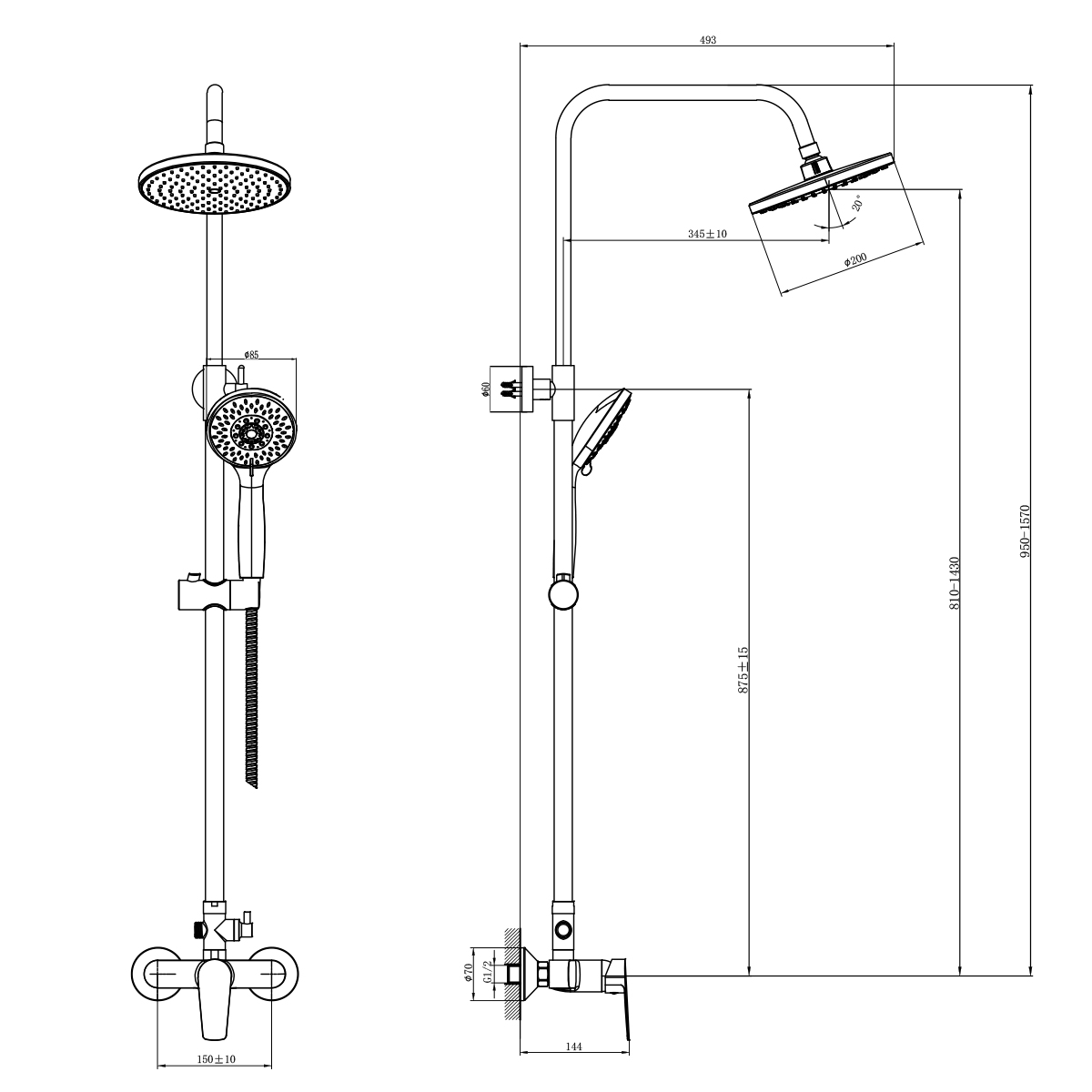 Смеситель Rossinka S35-45 для душа с регулируемой высотой штанги и лейкой "Тропический дождь", хром