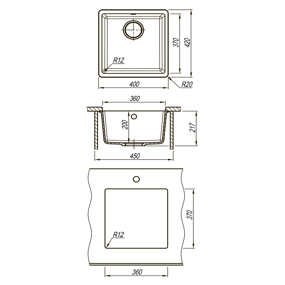 Мойка кухонная Lemark SINARA 400-U подстольного монтажа из кварцгранита, антрацит 