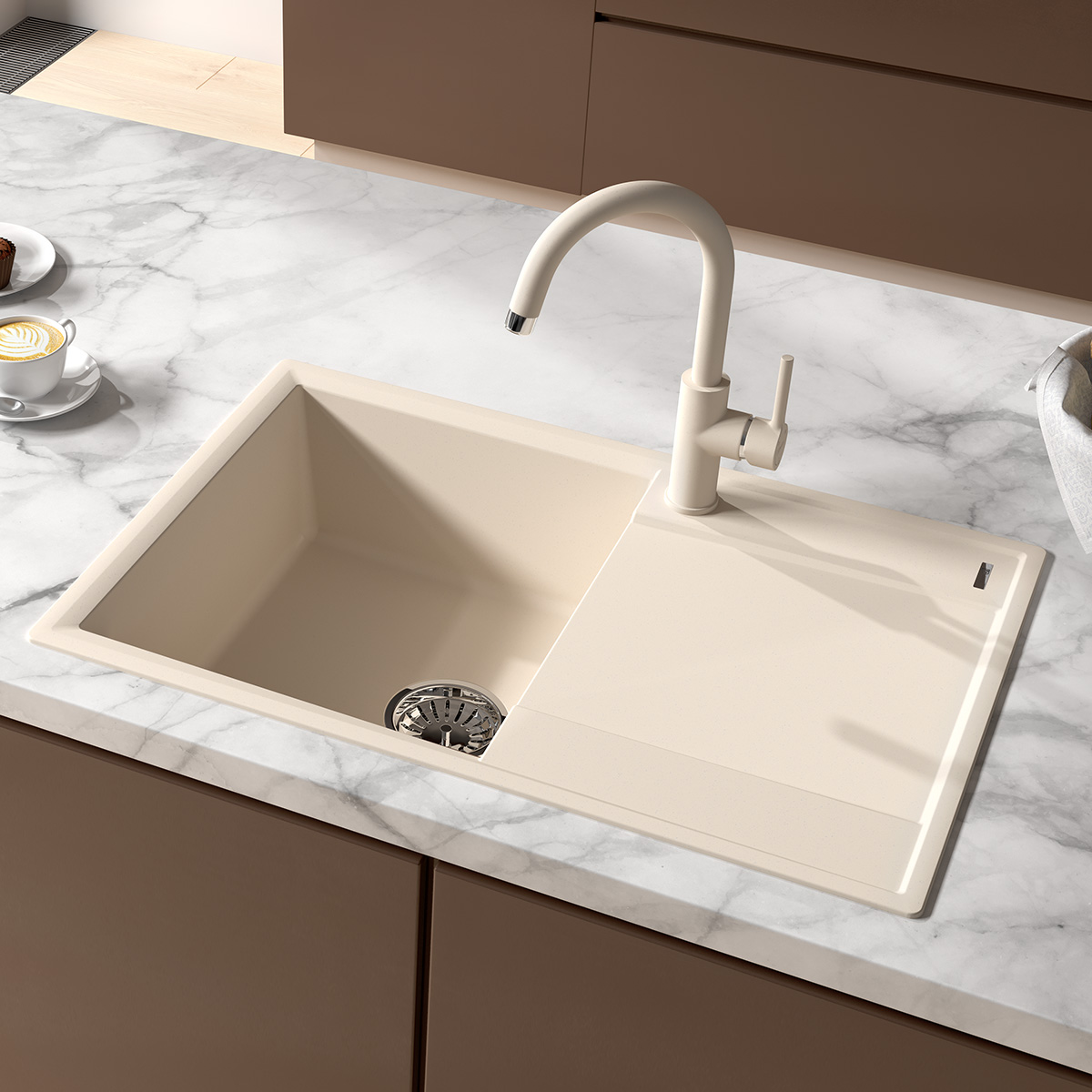 Мойка кухонная Lemark IMANDRA 760 врезная прямоугольная с крылом из кварцгранита, бежевый