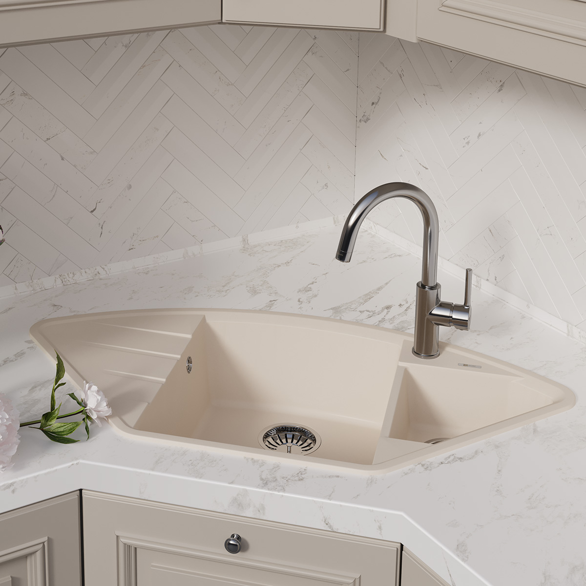 Мойка кухонная Lemark IRKANA 980 врезная угловая с доп. чашей и крылом из кварцгранита, шампань 