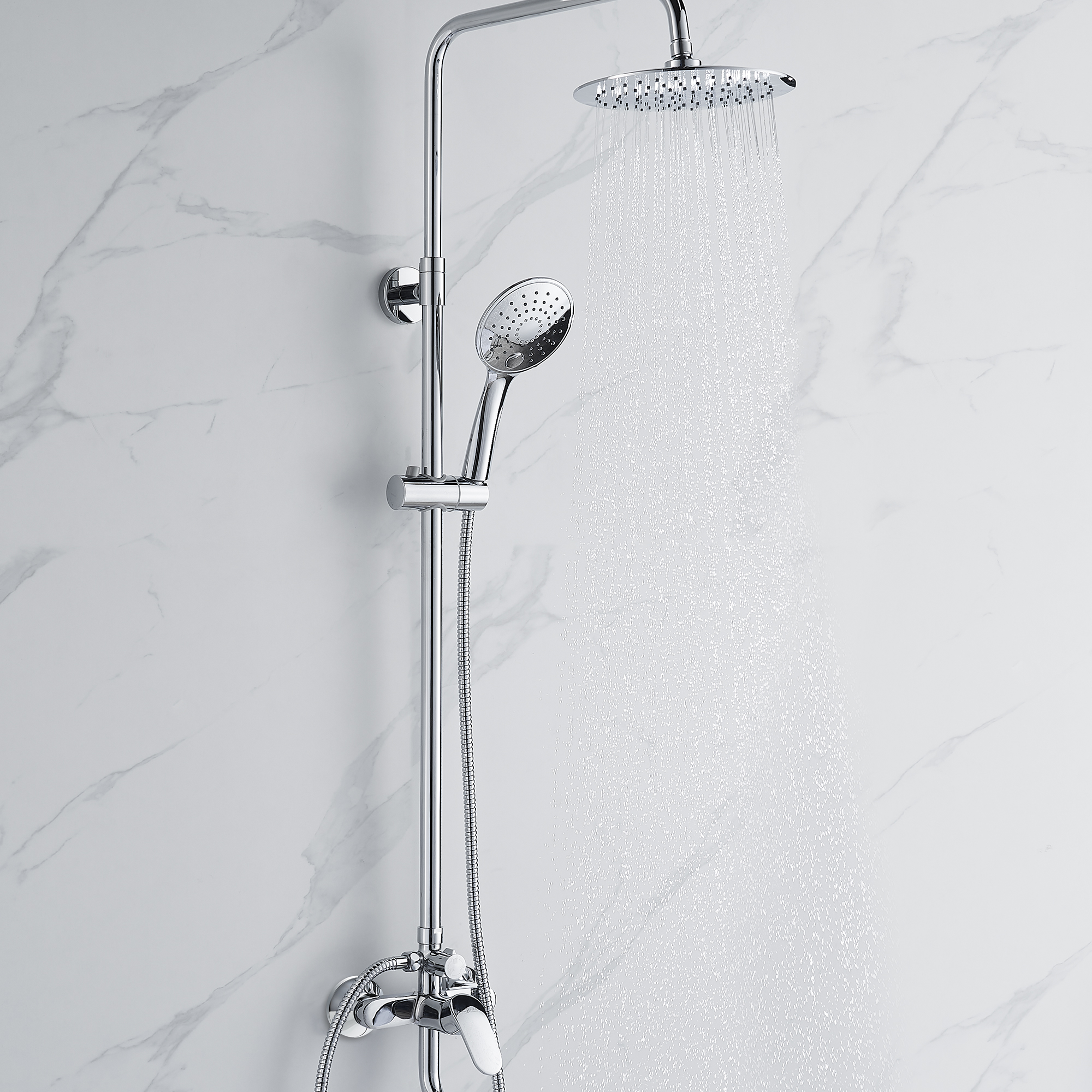 Смеситель Rossinka RS45-46 для ванны и душа, регулир. высота штанги, лейка "Тропический дождь", хром