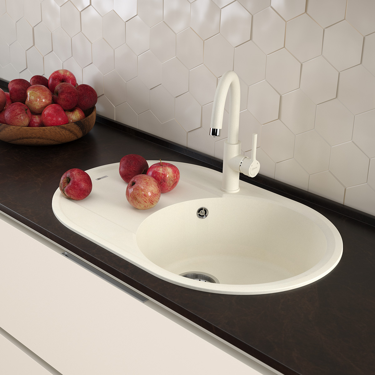 Мойка кухонная Lemark LACHA 760 врезная овальная с крылом из кварцгранита, жасмин 