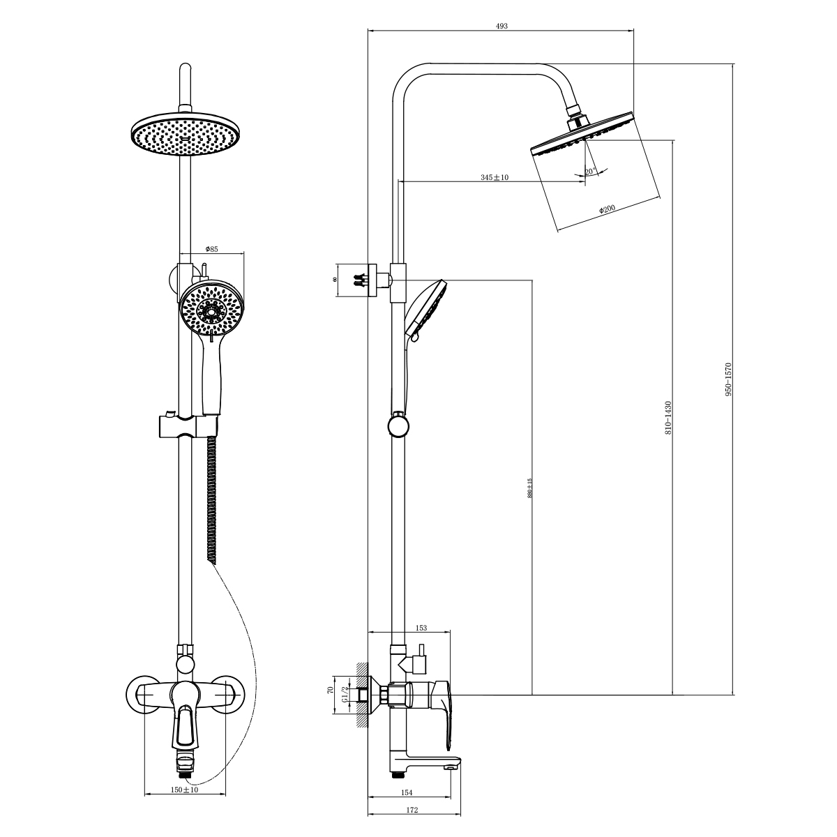 Смеситель Rossinka T40-46 для душа с регулируемой высотой штанги и лейкой "Тропический дождь", хром