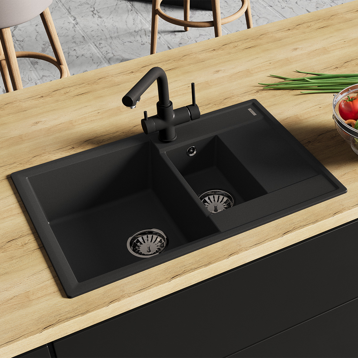 Мойка кухонная Lemark RAMZA 760 врезная прямоугольная с доп.чашей и крылом из кварцгранита, антрацит