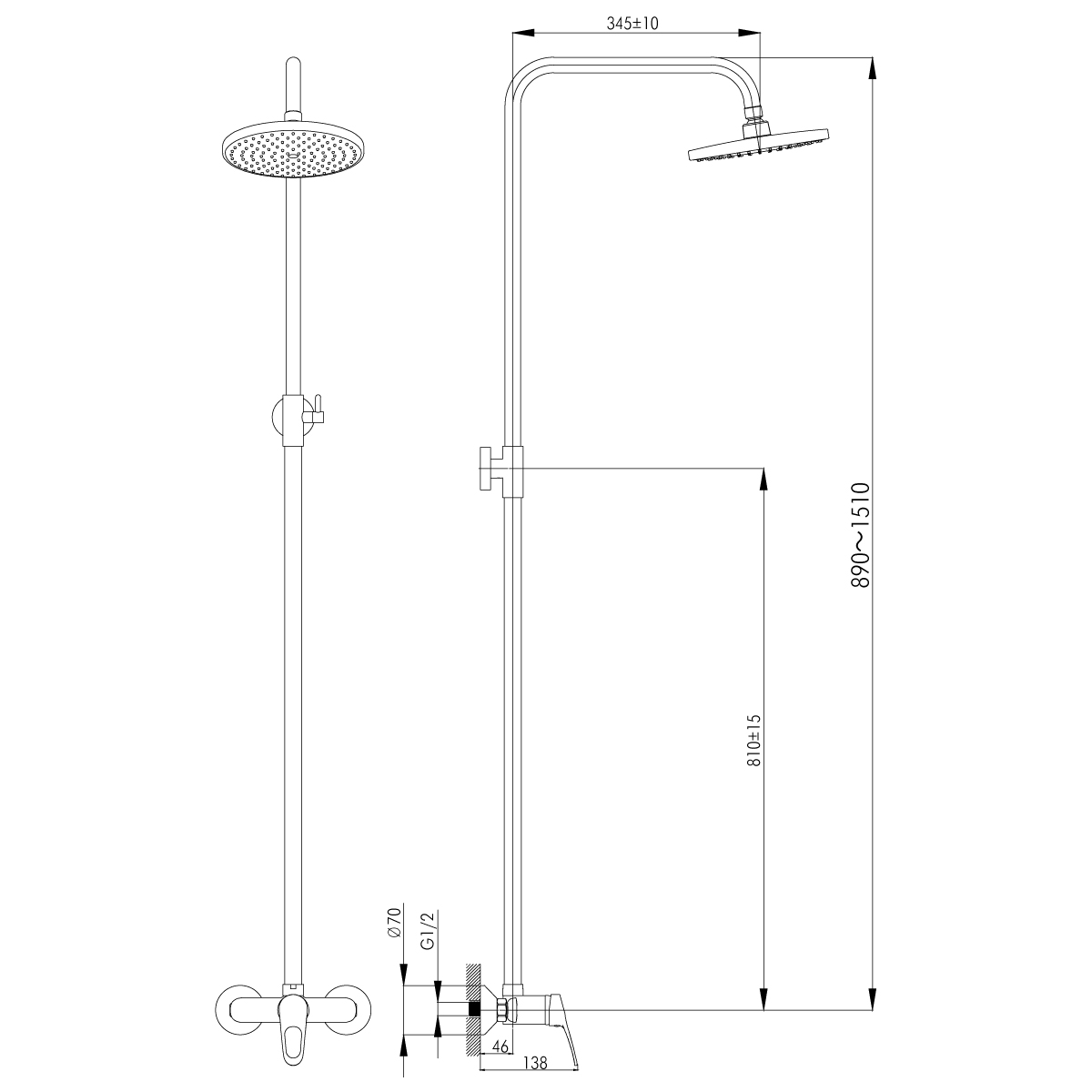 Смеситель Rossinka B35-44 для душа с регулируемой высотой штанги и лейкой "Тропический дождь", хром