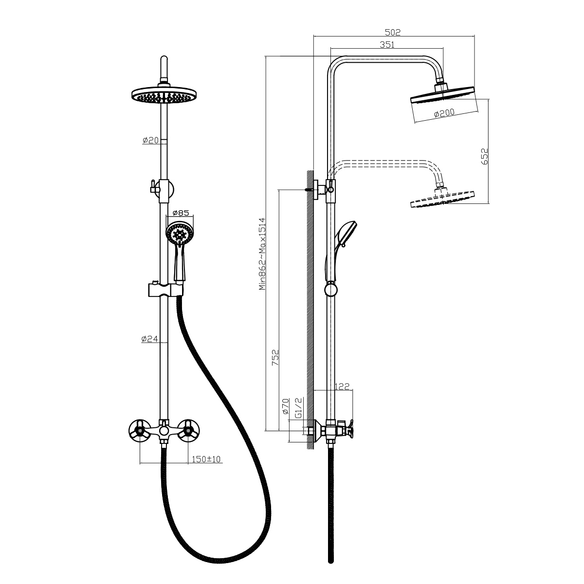 Смеситель Rossinka Q02-45 для душа с регулируемой высотой штанги и лейкой "Тропический дождь", хром