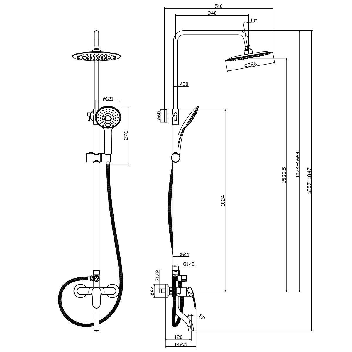Смеситель Rossinka RS45-46 для ванны и душа, регулир. высота штанги, лейка "Тропический дождь", хром