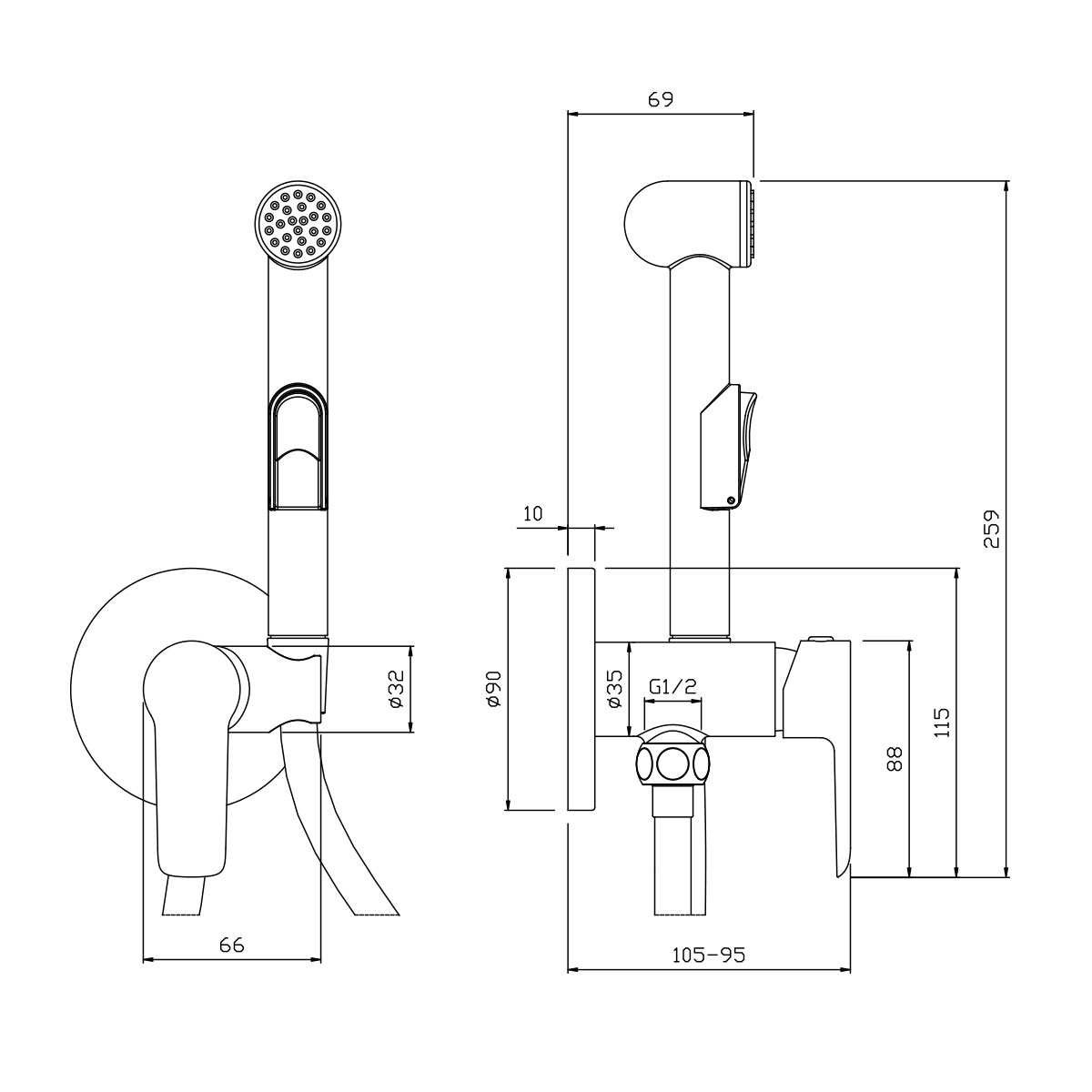 Смеситель Rossinka W25-51 с гигиеническим душем встраиваемый, хром
