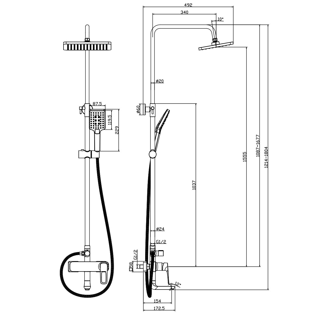 Смеситель Rossinka RS46-46 для душа с регулируемой высотой штанги и лейкой "Тропический дождь", хром