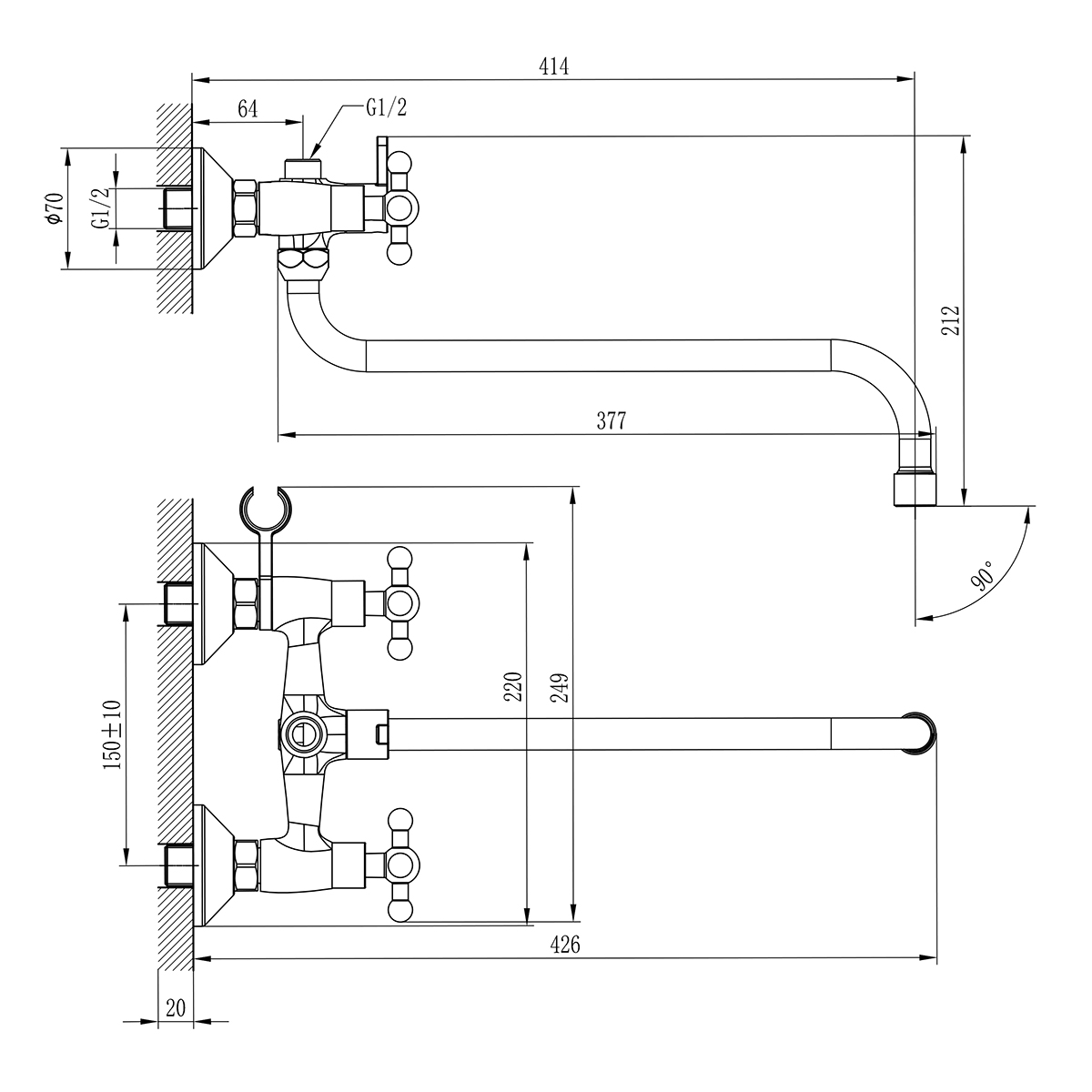 Смеситель Rossinka G02-84 для ванны универсальный, хром