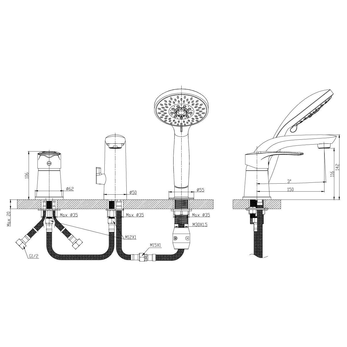 Смеситель Rossinka T40-39 на борт ванны на 3 отверстия, хром
