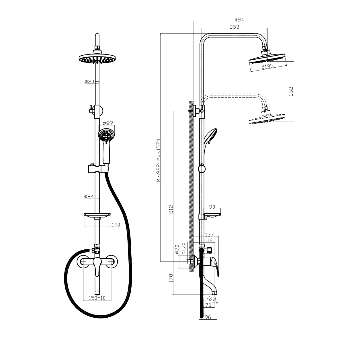 Смеситель Rossinka A35-46 для душа с регулируемой высотой штанги и лейкой "Тропический дождь", хром