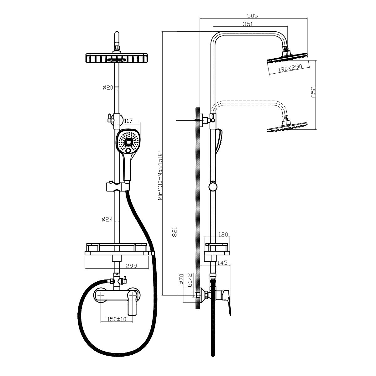 Смеситель Rossinka RS27-45 для душа с регулируемой высотой штанги и лейкой "Тропический дождь", хром