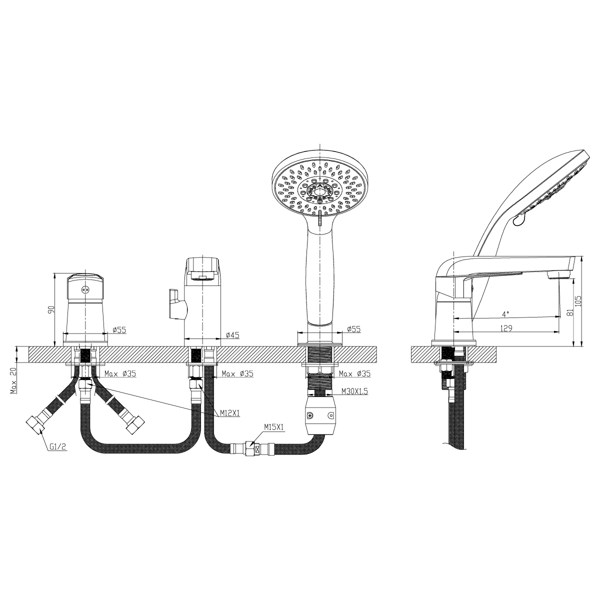 Смеситель Rossinka S35-39 на борт ванны на 3 отверстия, хром